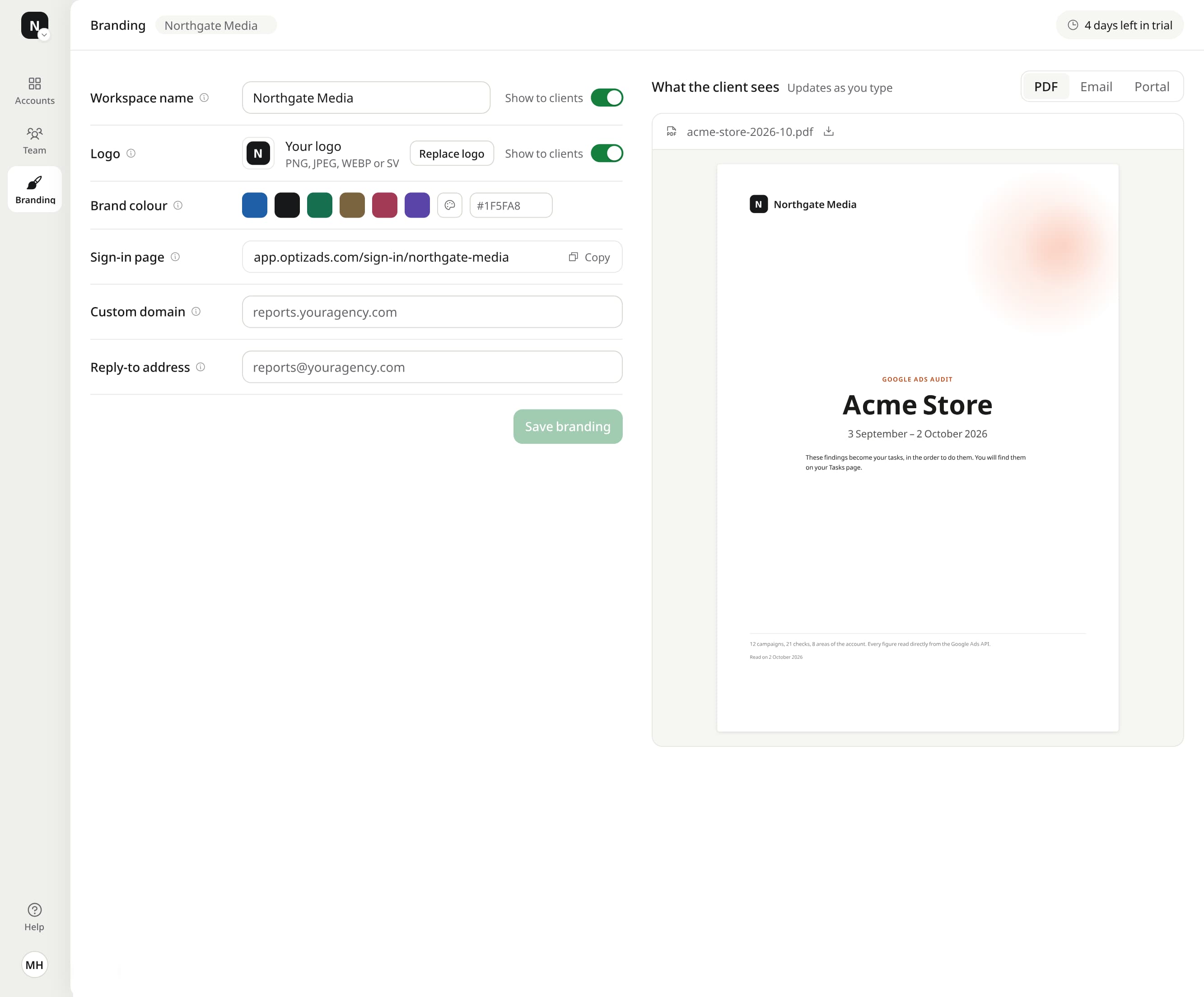 The Branding page in Optizads: an agency's logo and colour beside a preview of the client's PDF report