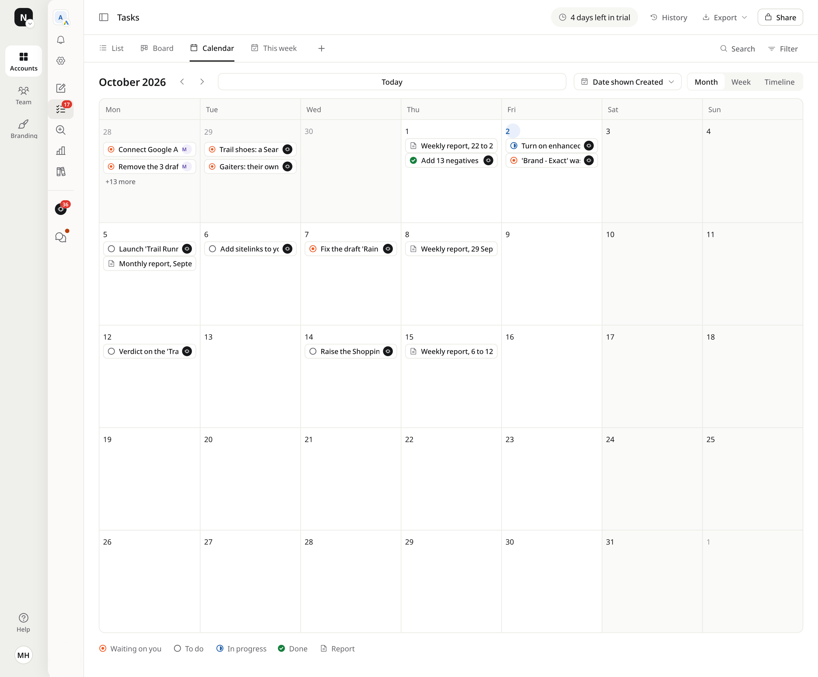 The Calendar view in Optizads: tasks and report days laid out on a month